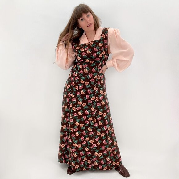 Vintage Cottagecore Brown Floral Corduroy Sleeveless Midi Dress | Large - Picture 11 of 11